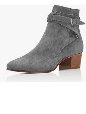 YDN Grey Block Low Heel Suede Cowgirl Boots Pull on Ankle Bootie with Buckle